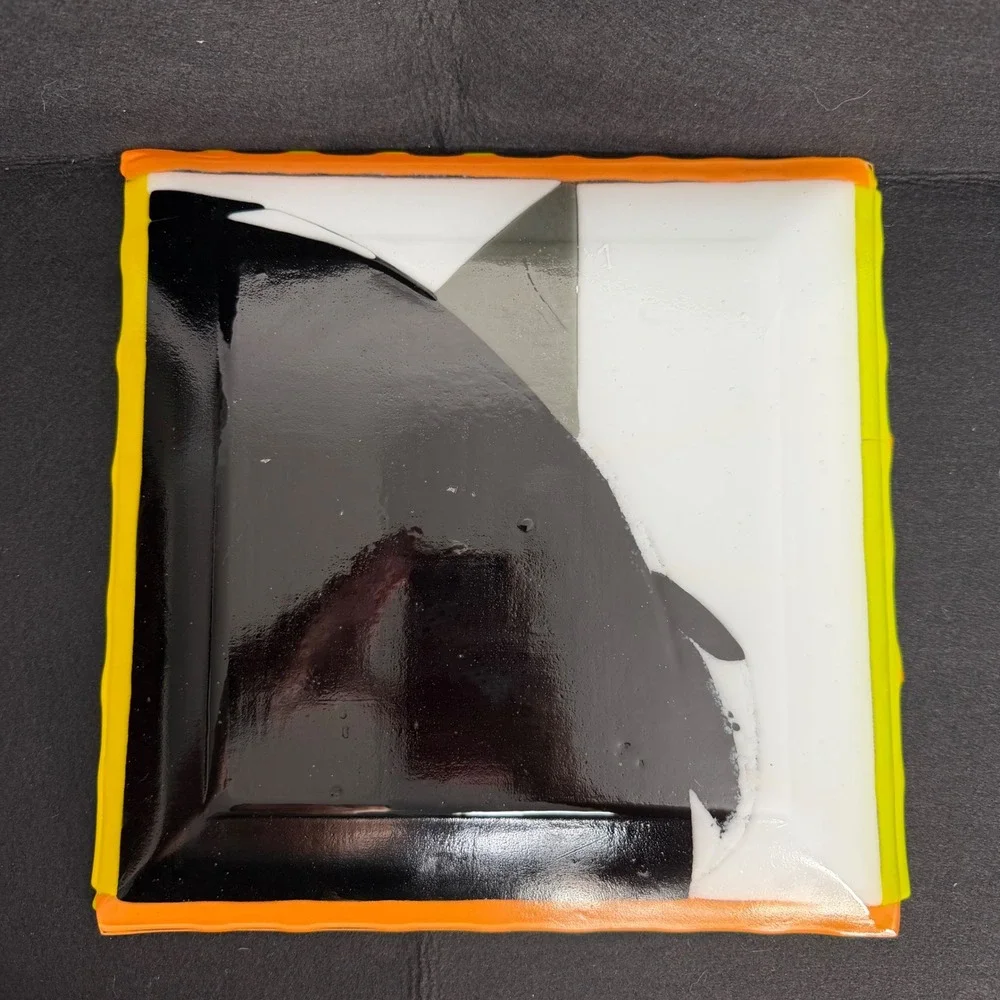 Halloween Glass Square Plate Black Cat Orange Yellow Fused Glass Party Plate